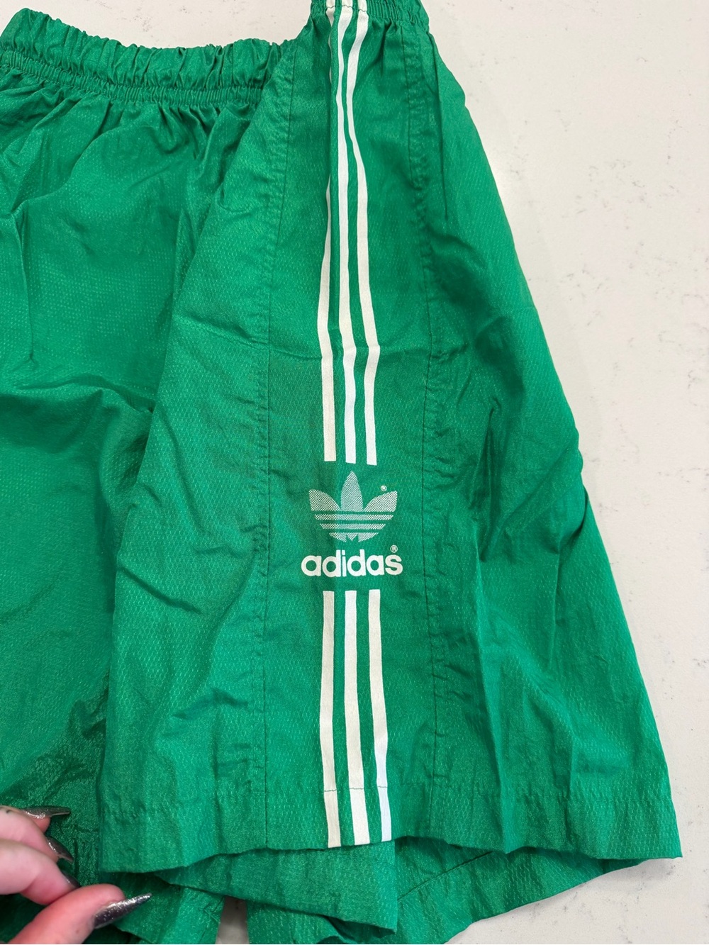 VINTAGE womens 90’s Adidas Nylon Athletic Shorts Green 3-Stripe medium HIGH RISE - Picture 2 of 5